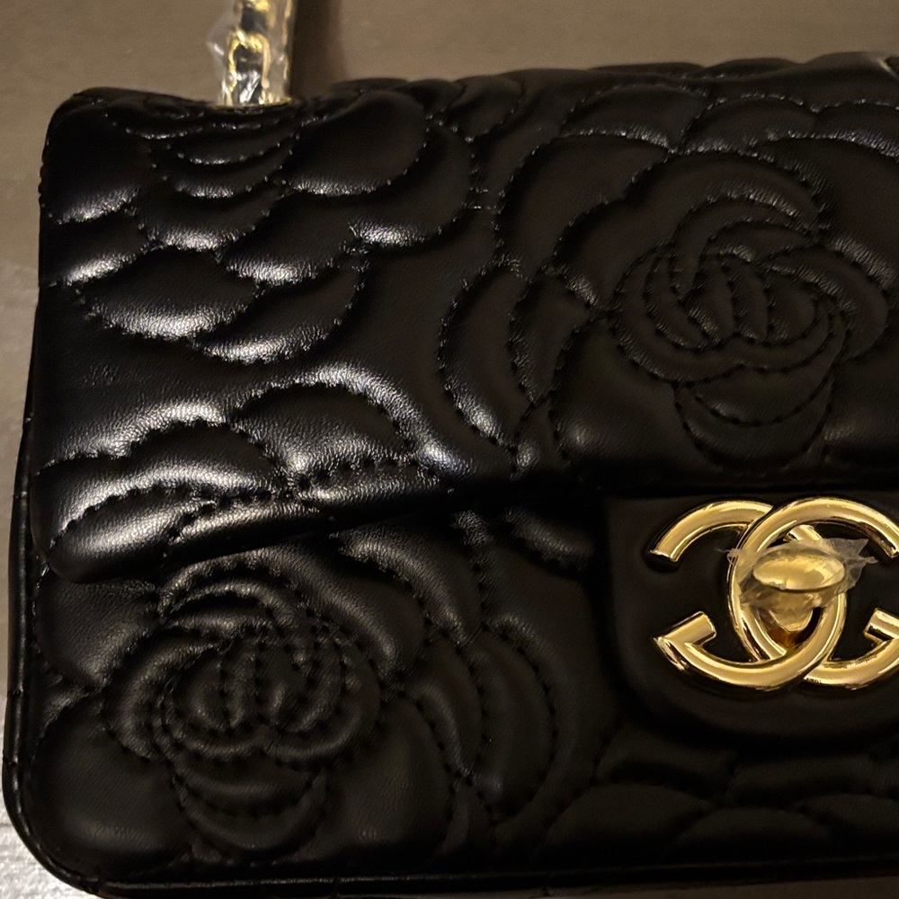 Leather Black Floral Quilted Shoulder Bag - Picture 3 of 10